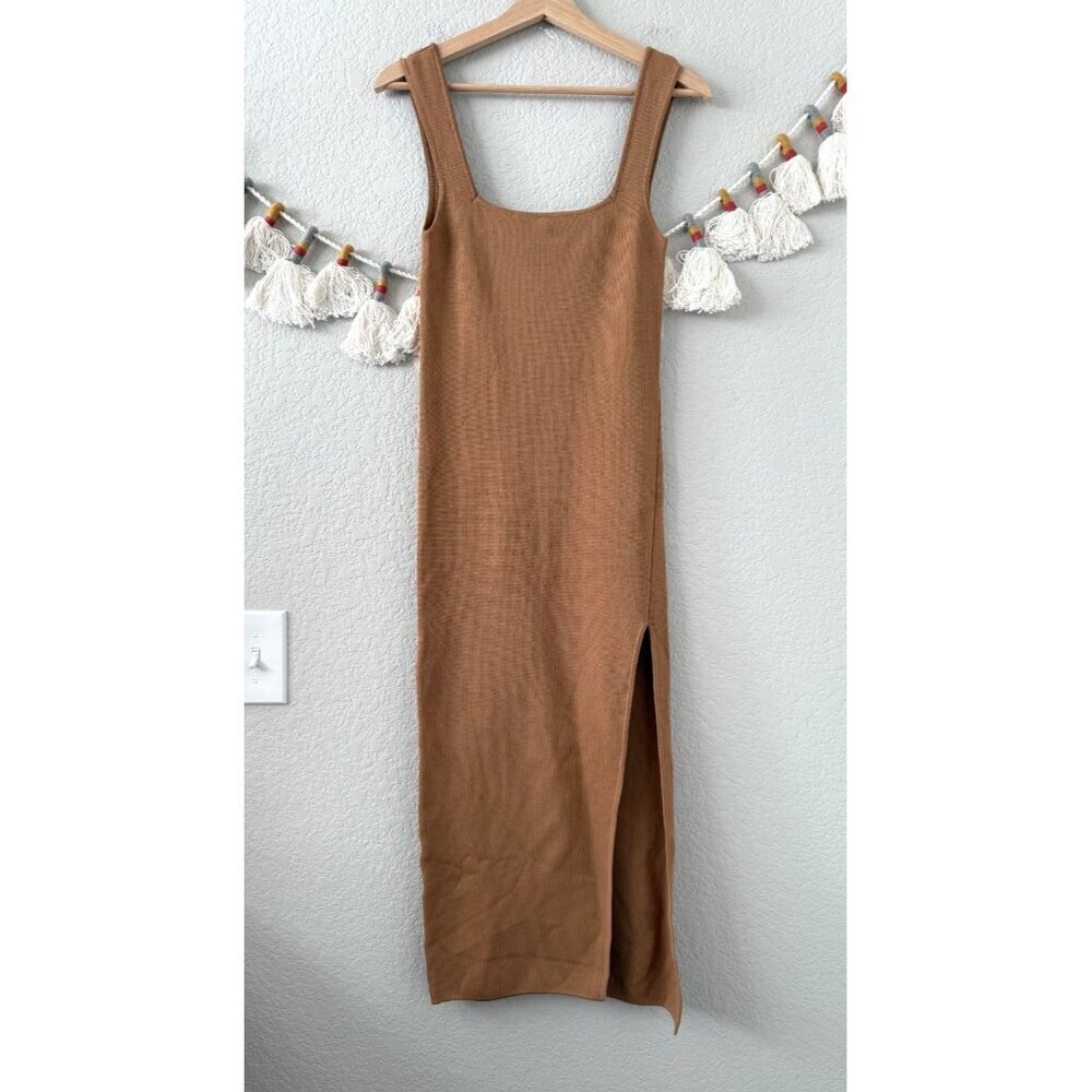 Shona Joy Square Neck Ribbed Knit Sleeveless Midi Dress Camel Neutral Minimalist